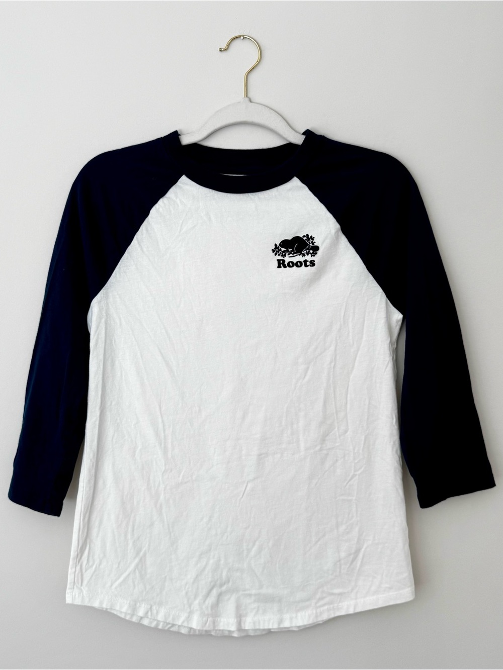Roots 3/4 Sleeve Slim Fit Baseball Logo Tee, Navy & White – Unisex XS